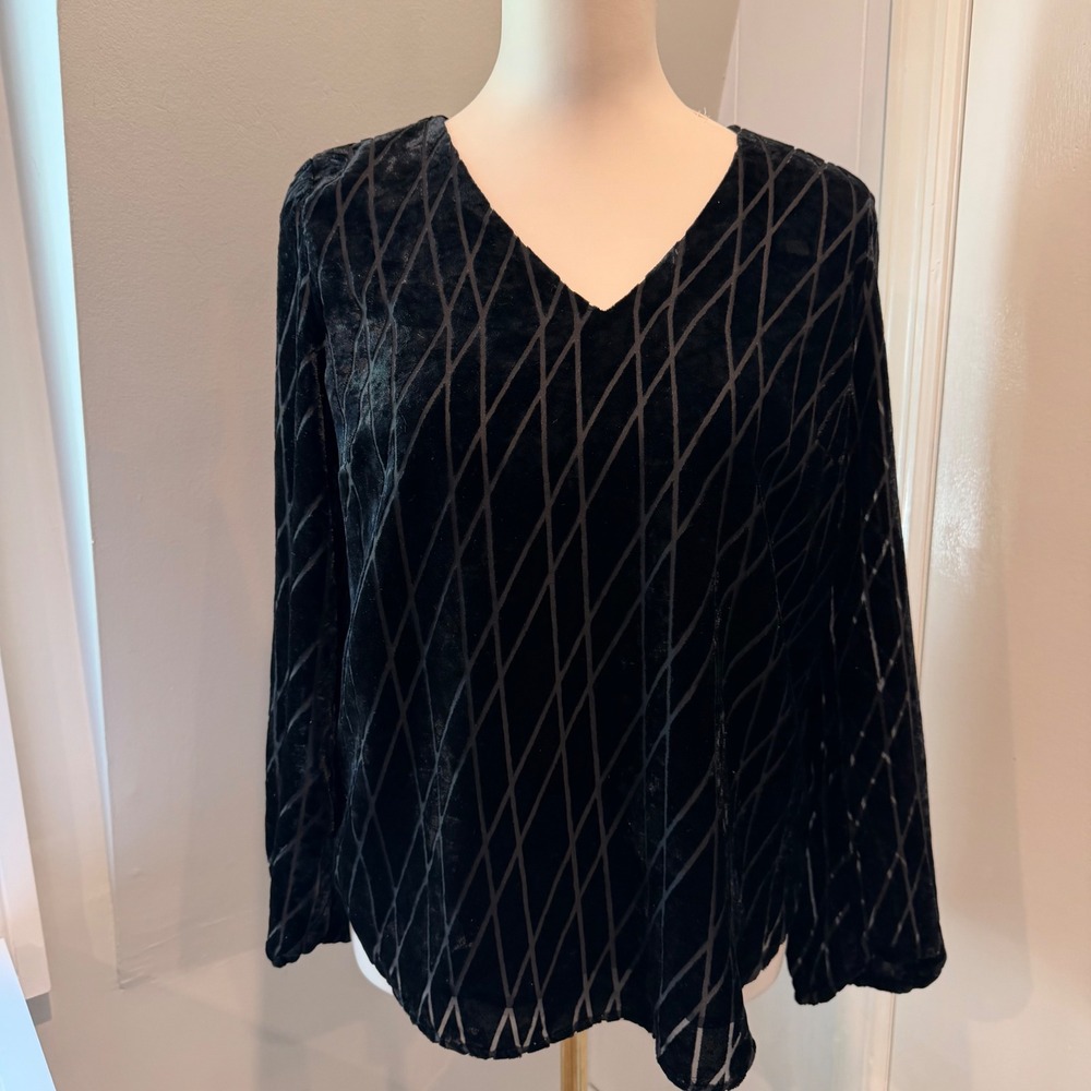 Ann Taylor Black Diamond Devore Velvet V-Neck Blouse Holiday Top | Size S